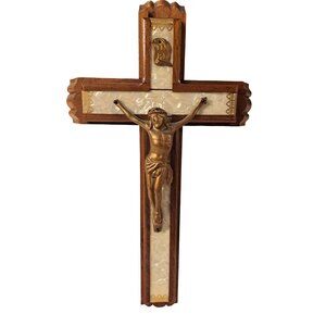 Vintage 1940s Wood Crucifix Sick Call Set 13” INRI Cross Mother of Pearl Inlay